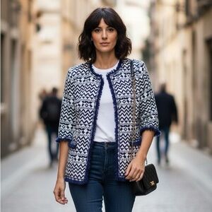 Elegant Navy and White Patterned Women's Blazer